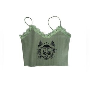 Romwe green cami top featuring lace and graphic design, size medium.